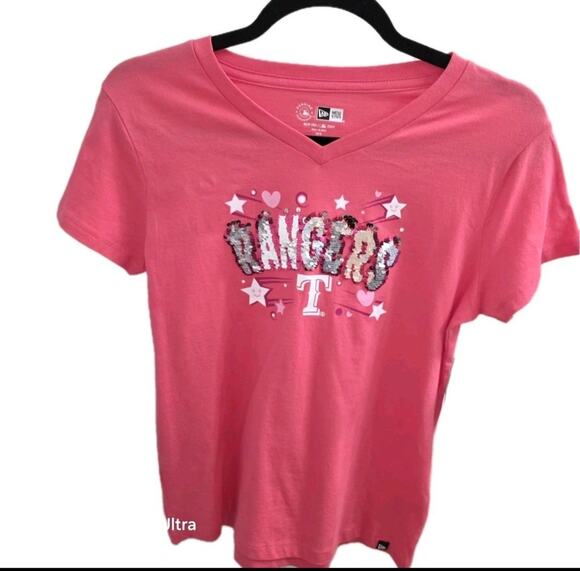 New Era Other - New ERA Texas Rangers Pink Word Mark Flip Sequin T-Shirt Girls 14/16 NWOT fan